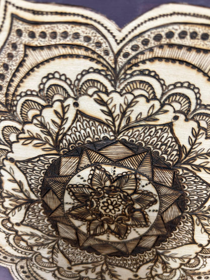 Woodburned Mandala Pyrography Wood Fine Art, intricate hand-drawn mandala, purple distressed, home decor, gifts for her, spiritual, mystical