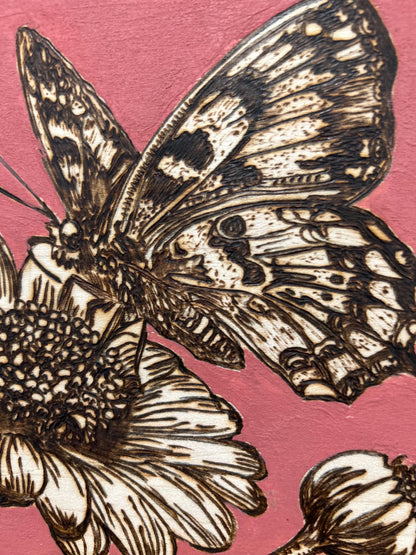 Butterfly and Floral Woodburned Home Decor, Hanging Wall Sign, Butterfly Flower Home Decor, Pink, Gifts for mom, terracotta. gifts for mom