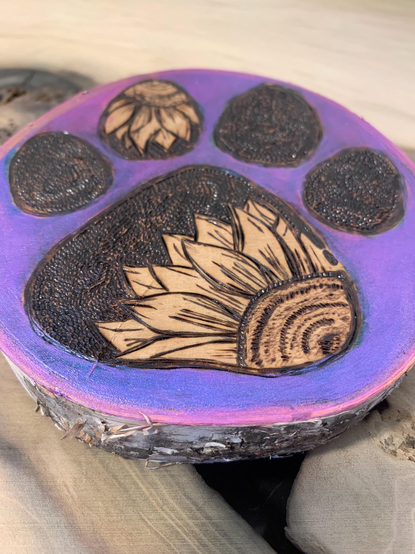 Purple Hand-crafted Pyrography Flower Dog Paw wall hanging