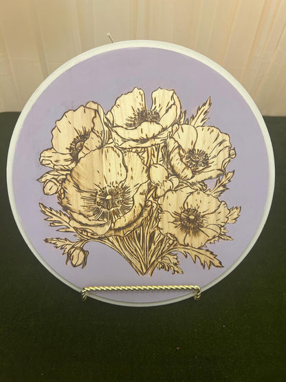 Pyrography art . Woodburned Floral Wall Art - lilac purple Decor - Gifts for Her, poppy Flower Wood Home Decor, Unique Handmade floral gifts
