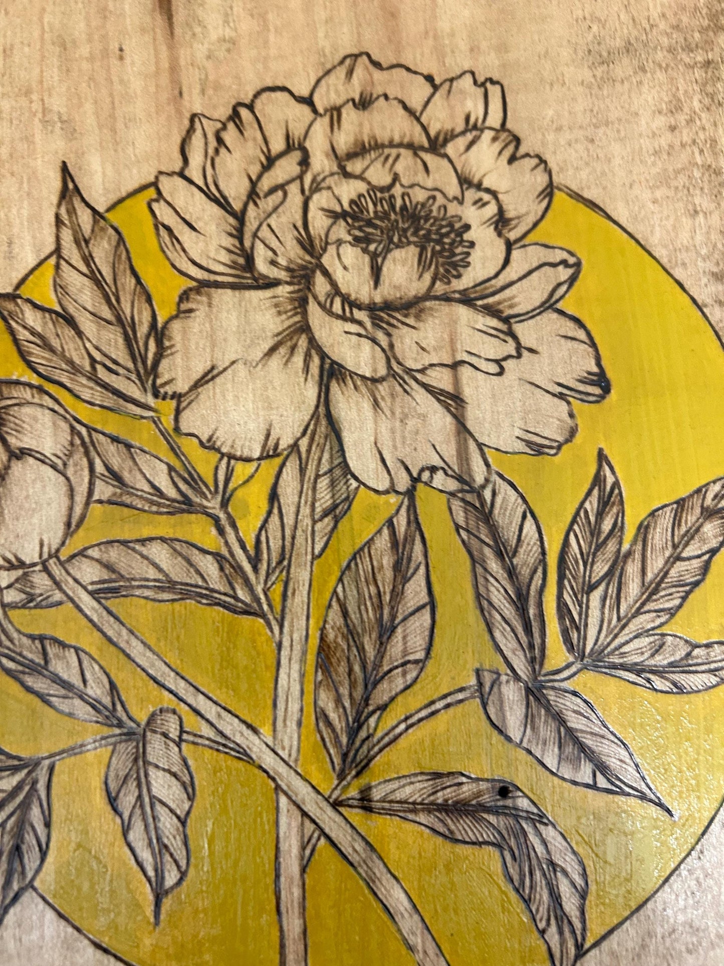Woodburned Peony Floral Wall Art: Ambrosia Maple Pyrography