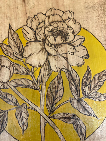 Woodburned Peony Floral Wall Art: Ambrosia Maple Pyrography