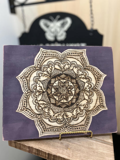 Woodburned Mandala Pyrography Wood Fine Art, intricate hand-drawn mandala, purple distressed, home decor, gifts for her, spiritual, mystical