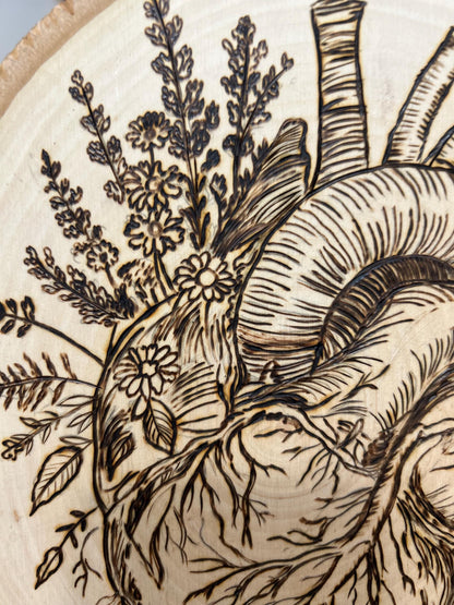 Anatomical Floral Heart Macabre Beautiful Pyrography Art Piece - Fine Wood Art, Unique and curious woodburned art, Interesting Weird Art