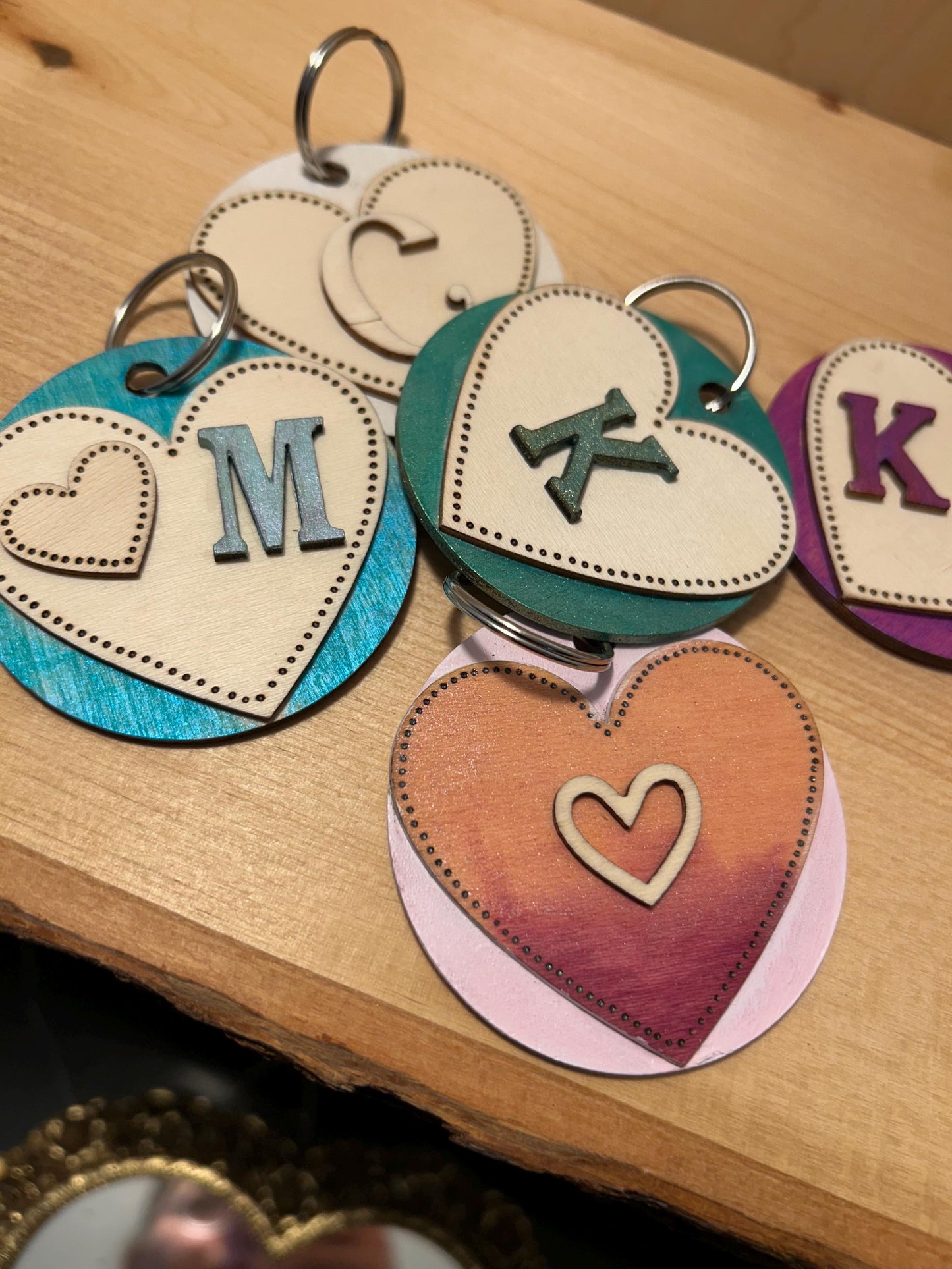 Customizable Hand-made wood burned & painted heart keychains, bridesmaid gifts, gifts for her.
