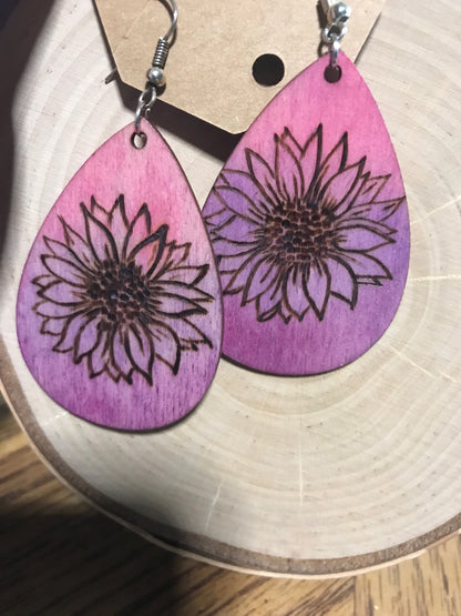 Sunflower Serenade Wood Burned Earrings for Nature Lovers Handcrafted Wooden Pyrography Earrings | Pink Dangle Earrings | Nature-inspired