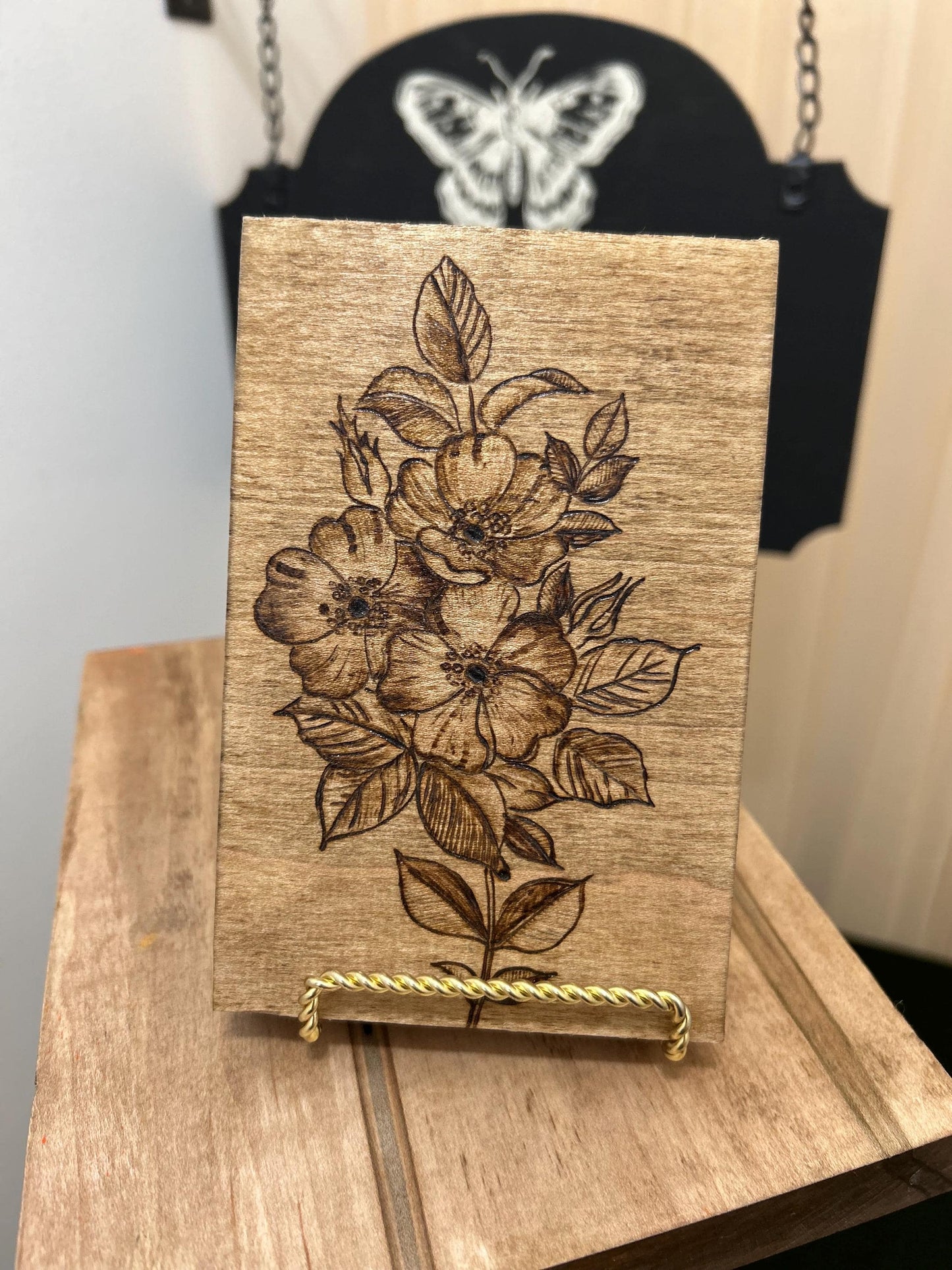 Floral Hibiscus Flowers - Pyrography Mini Wall Hanging - Wood-burned Art Decor