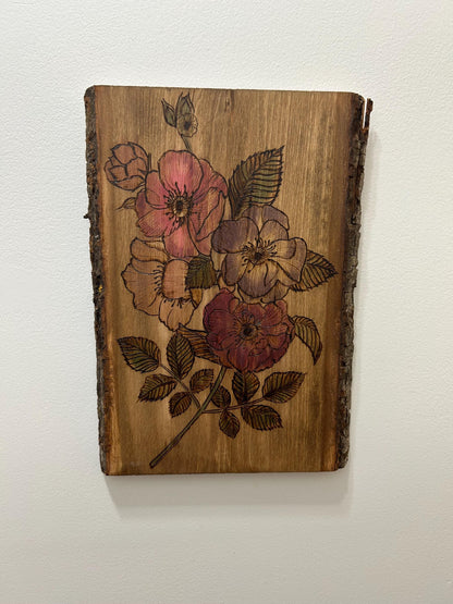 Handmade Pyrography Floral Wall Hanging - Wood Burning Art