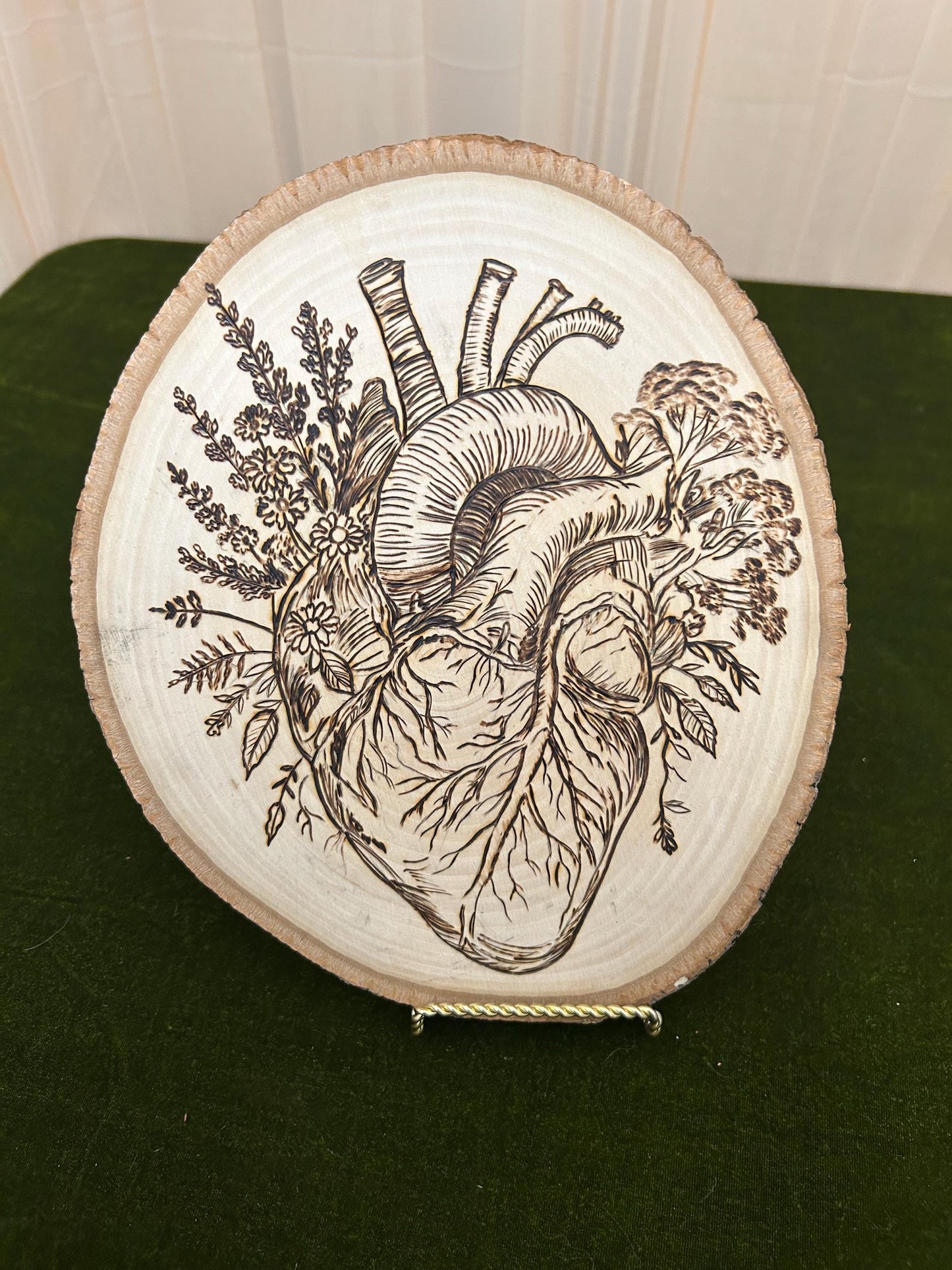 Anatomical Floral Heart Macabre Beautiful Pyrography Art Piece - Fine Wood Art, Unique and curious woodburned art, Interesting Weird Art