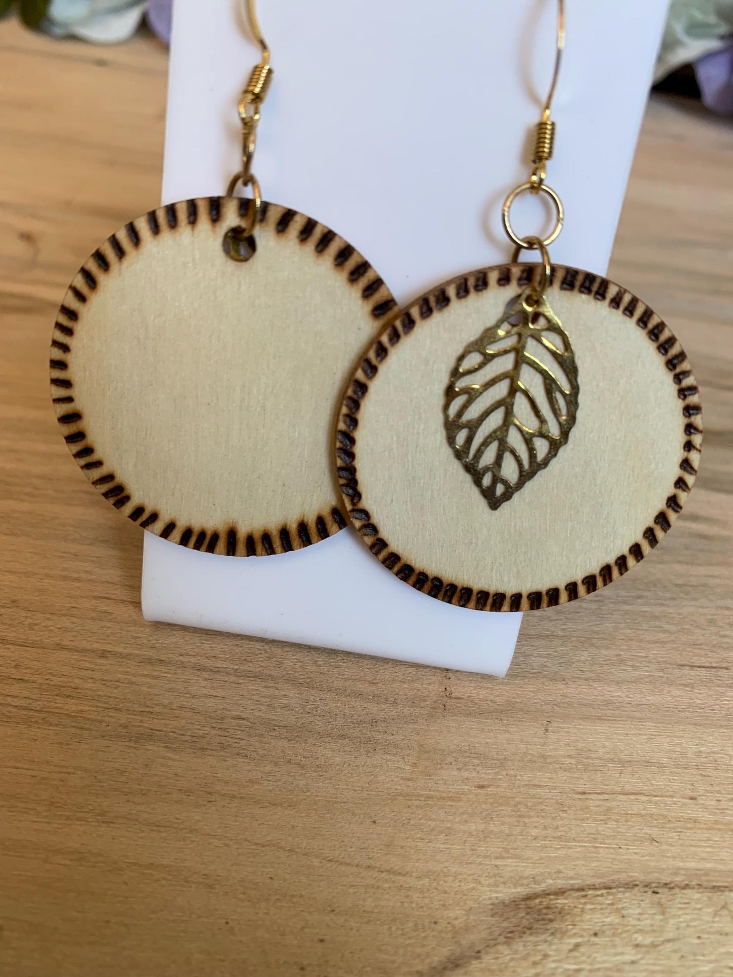 Handcrafted Woodburned Circle Earring Pyrography Dangling Earrings | Nature-inspired Jewelry | Rustic Statement Earrings leaf accent