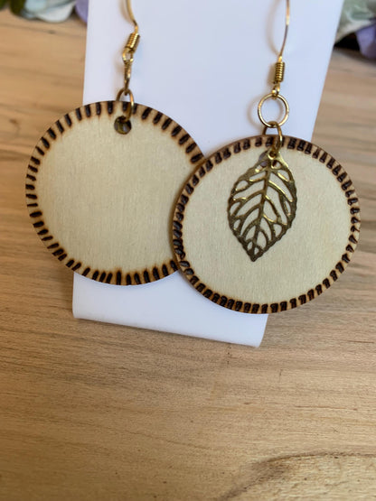 Handcrafted Woodburned Circle Earring Pyrography Dangling Earrings | Nature-inspired Jewelry | Rustic Statement Earrings leaf accent
