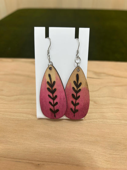 Wood Burned Pendant Dangle Drop Earrings - Unique Jewelry Earrings for Her - Leaf Pendant Design - Wood Jewelry - wearable art