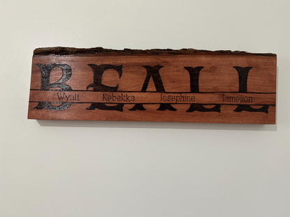 Personalized Wood-Burned Family Name Sign – Handmade Live Edge Basswood – Custom Last Name & Members – Rustic Home Decor