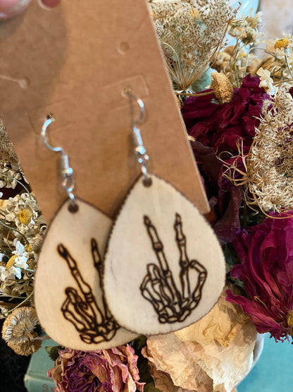 Edgy Elegance: Hand Burned Wooden Pyrography Earrings | Skeleton Hand Peace Sign | Statement Jewelry | Gift for Alternative Fashion Lovers