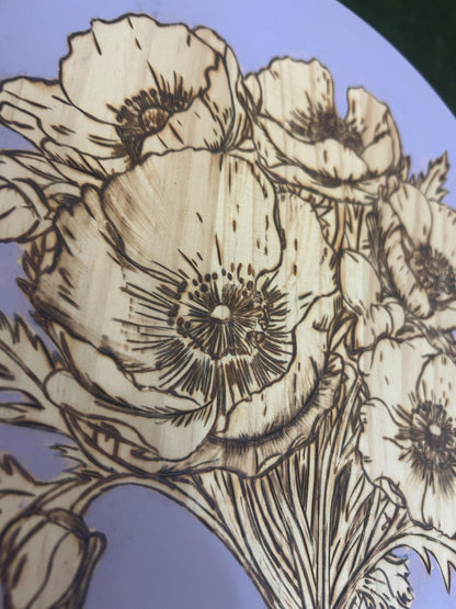 Pyrography art . Woodburned Floral Wall Art - lilac purple Decor - Gifts for Her, poppy Flower Wood Home Decor, Unique Handmade floral gifts