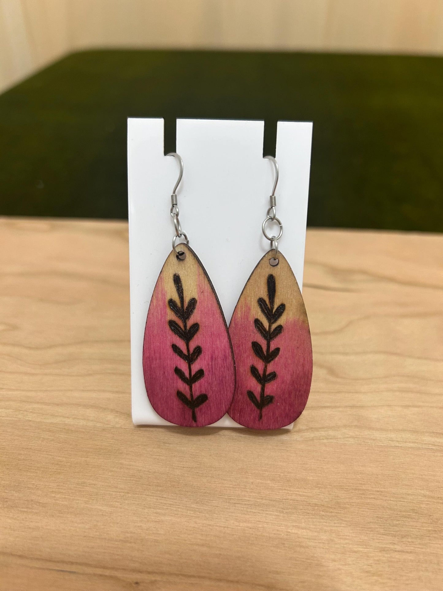 Wood Burned Pendant Dangle Drop Earrings - Unique Jewelry Earrings for Her - Leaf Pendant Design - Wood Jewelry - wearable art
