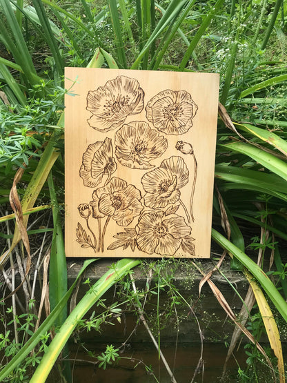 Nature's Symphony: Woodburned Poppy Wall Art | Handcrafted Rustic Floral Decor | Stunning Home & Office Accent | Unique Gift |