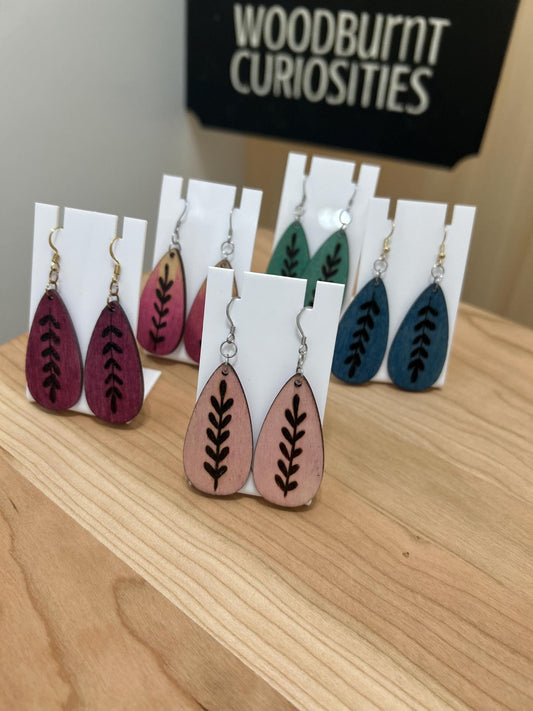 Wood Burned Pendant Dangle Drop Earrings - Unique Jewelry Earrings for Her - Leaf Pendant Design - Wood Jewelry - wearable art