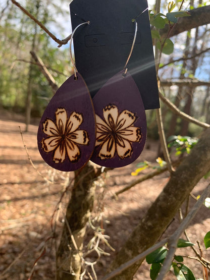 Purple floral, Deep purple nature-inspired flower wood burned earrings, handmade wearable art jewelry, gifts for her.