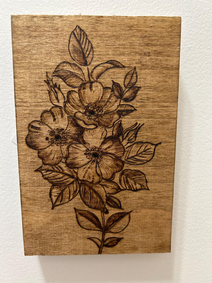 Floral Hibiscus Flowers - Pyrography Mini Wall Hanging - Wood-burned Art Decor