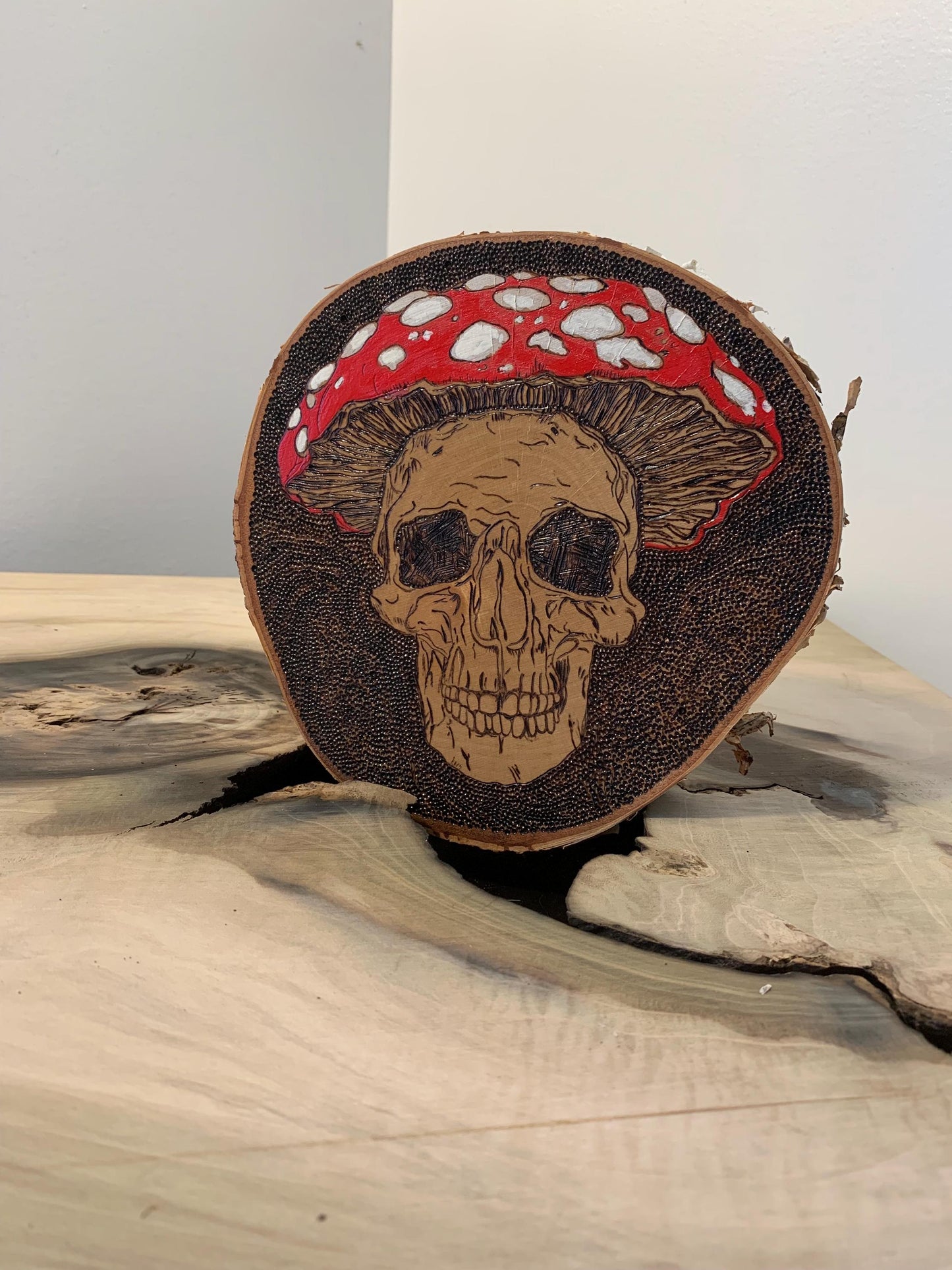 Mushroom Head - Skeleton Amanita Mushroom Woodburned Art work