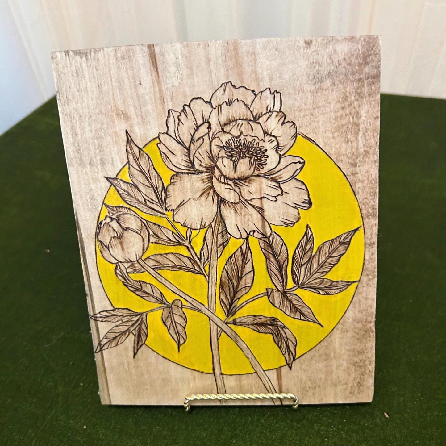 Woodburned Peony Floral Wall Art: Ambrosia Maple Pyrography
