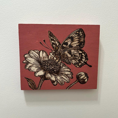 Butterfly and Floral Woodburned Home Decor, Hanging Wall Sign, Butterfly Flower Home Decor, Pink, Gifts for mom, terracotta. gifts for mom