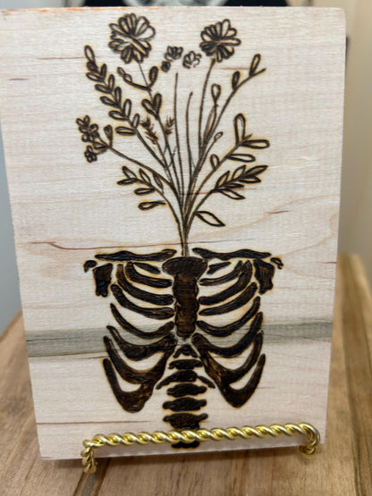 Anatomical Ribcage Floral Macabre Beautiful Pyrography Art Piece - Unique and curious woodburned art, Flower Head Art, Wall Hanging Mini Art