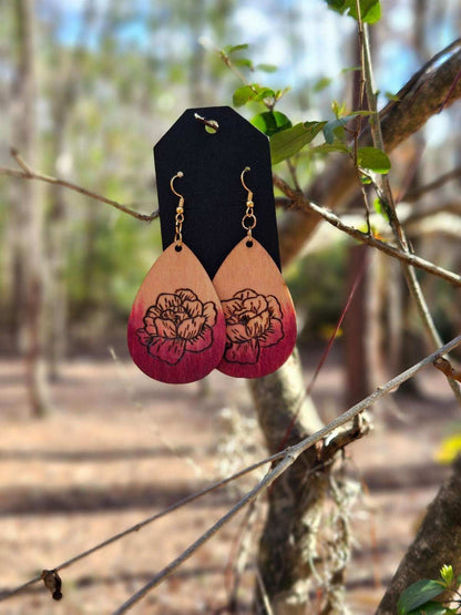 Magnolia Magic: Pink Ombre dangle drop statement earrings, hand burned lightweight wooden floral earrings