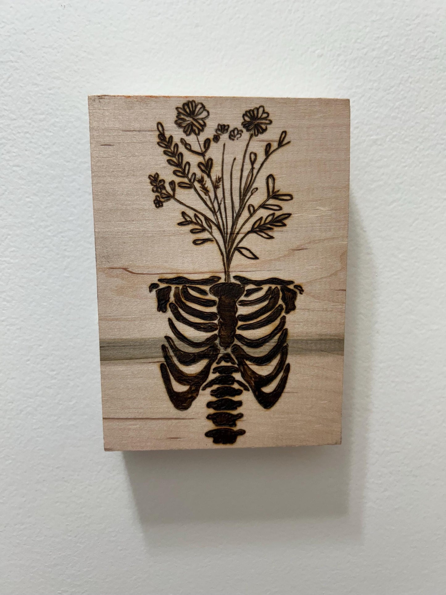 Anatomical Ribcage Floral Macabre Beautiful Pyrography Art Piece - Unique and curious woodburned art, Flower Head Art, Wall Hanging Mini Art