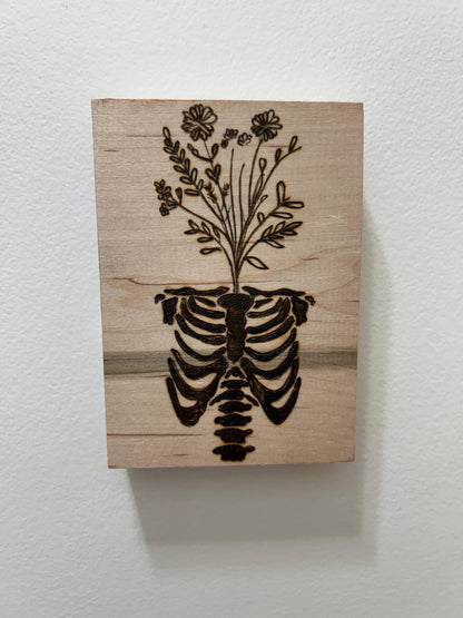 Anatomical Ribcage Floral Macabre Beautiful Pyrography Art Piece - Unique and curious woodburned art, Flower Head Art, Wall Hanging Mini Art