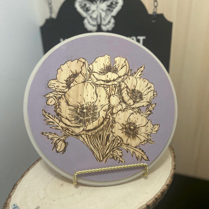 Pyrography art . Woodburned Floral Wall Art - lilac purple Decor - Gifts for Her, poppy Flower Wood Home Decor, Unique Handmade floral gifts