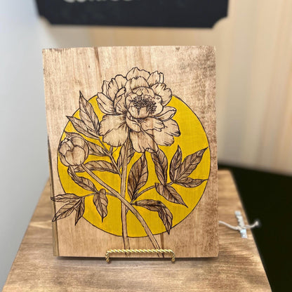 Woodburned Peony Floral Wall Art: Ambrosia Maple Pyrography