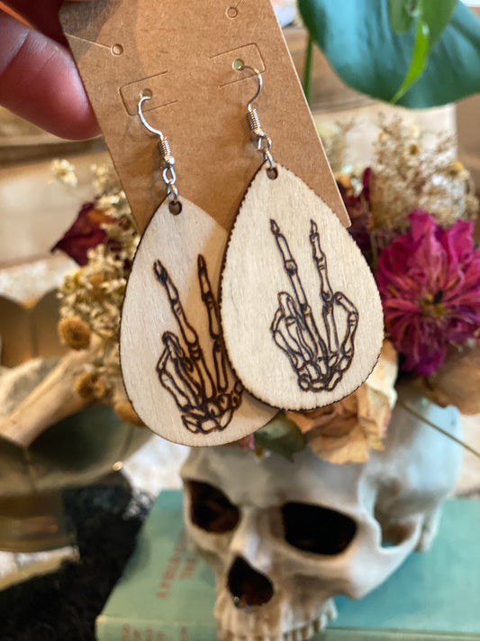 Edgy Elegance: Hand Burned Wooden Pyrography Earrings | Skeleton Hand Peace Sign | Statement Jewelry | Gift for Alternative Fashion Lovers