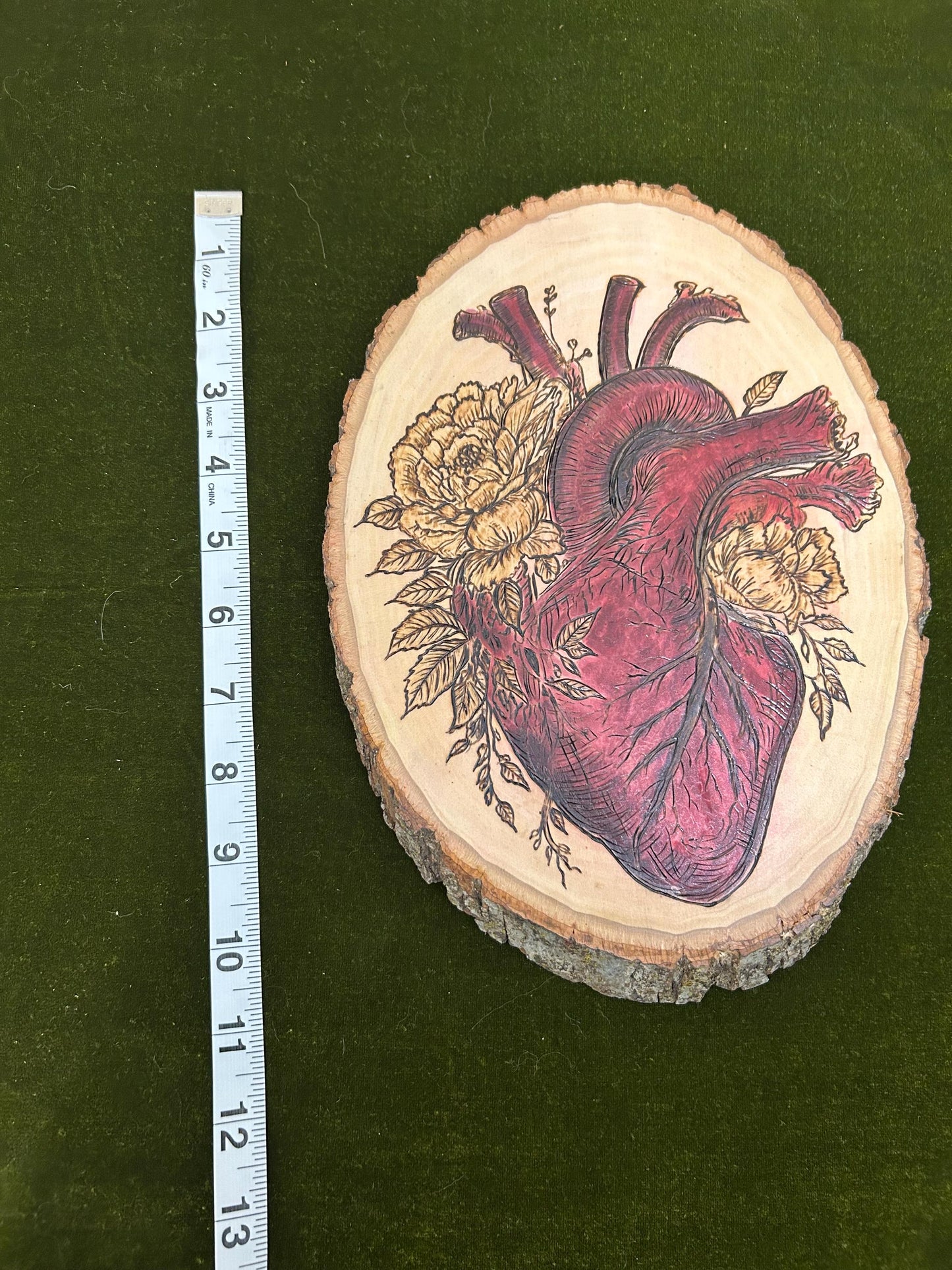 Anatomical Heart Floral Macabre Beautiful Pyrography Art Piece - Unique and curious woodburned art, Red accents, Woodburned wood slice