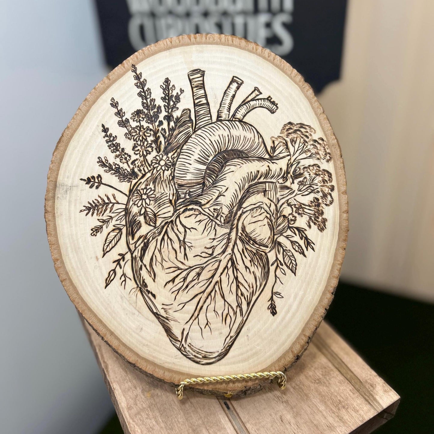 Anatomical Floral Heart Macabre Beautiful Pyrography Art Piece - Fine Wood Art, Unique and curious woodburned art, Interesting Weird Art