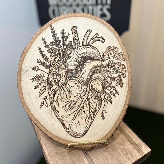 Anatomical Floral Heart Macabre Beautiful Pyrography Art Piece - Fine Wood Art, Unique and curious woodburned art, Interesting Weird Art