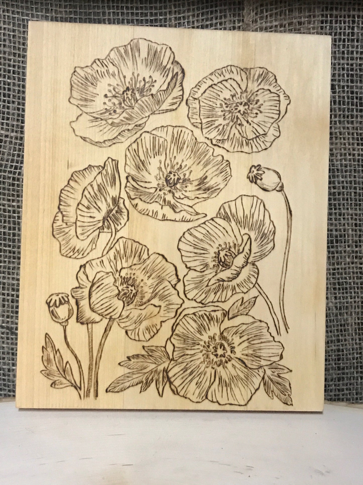 Nature's Symphony: Woodburned Poppy Wall Art | Handcrafted Rustic Floral Decor | Stunning Home & Office Accent | Unique Gift |