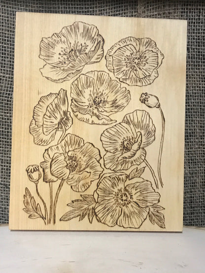 Nature's Symphony: Woodburned Poppy Wall Art | Handcrafted Rustic Floral Decor | Stunning Home & Office Accent | Unique Gift |