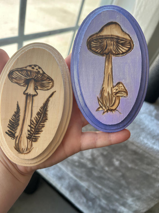 Mini Mushroom Woodburned plaque - set of 2