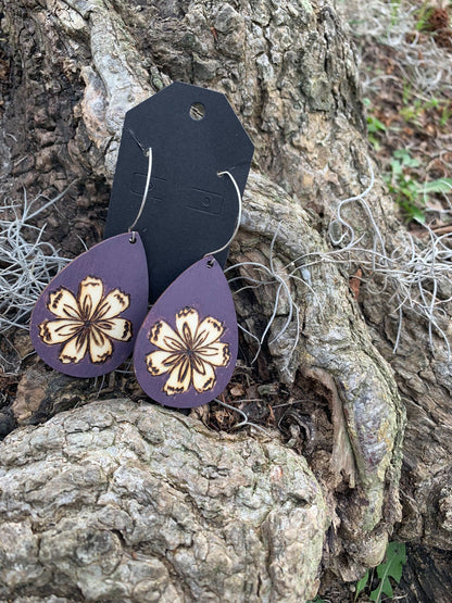 Purple floral, Deep purple nature-inspired flower wood burned earrings, handmade wearable art jewelry, gifts for her.