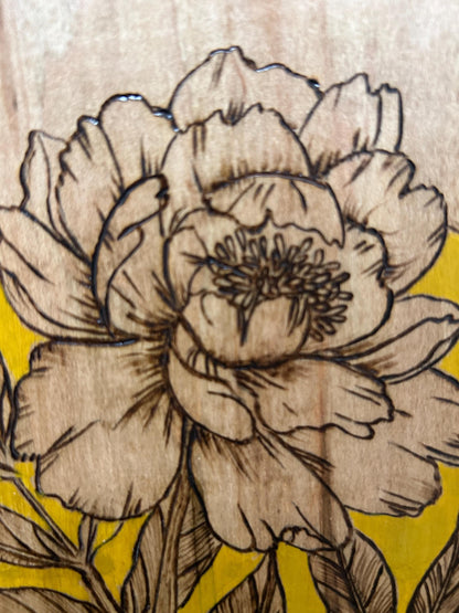 Woodburned Peony Floral Wall Art: Ambrosia Maple Pyrography