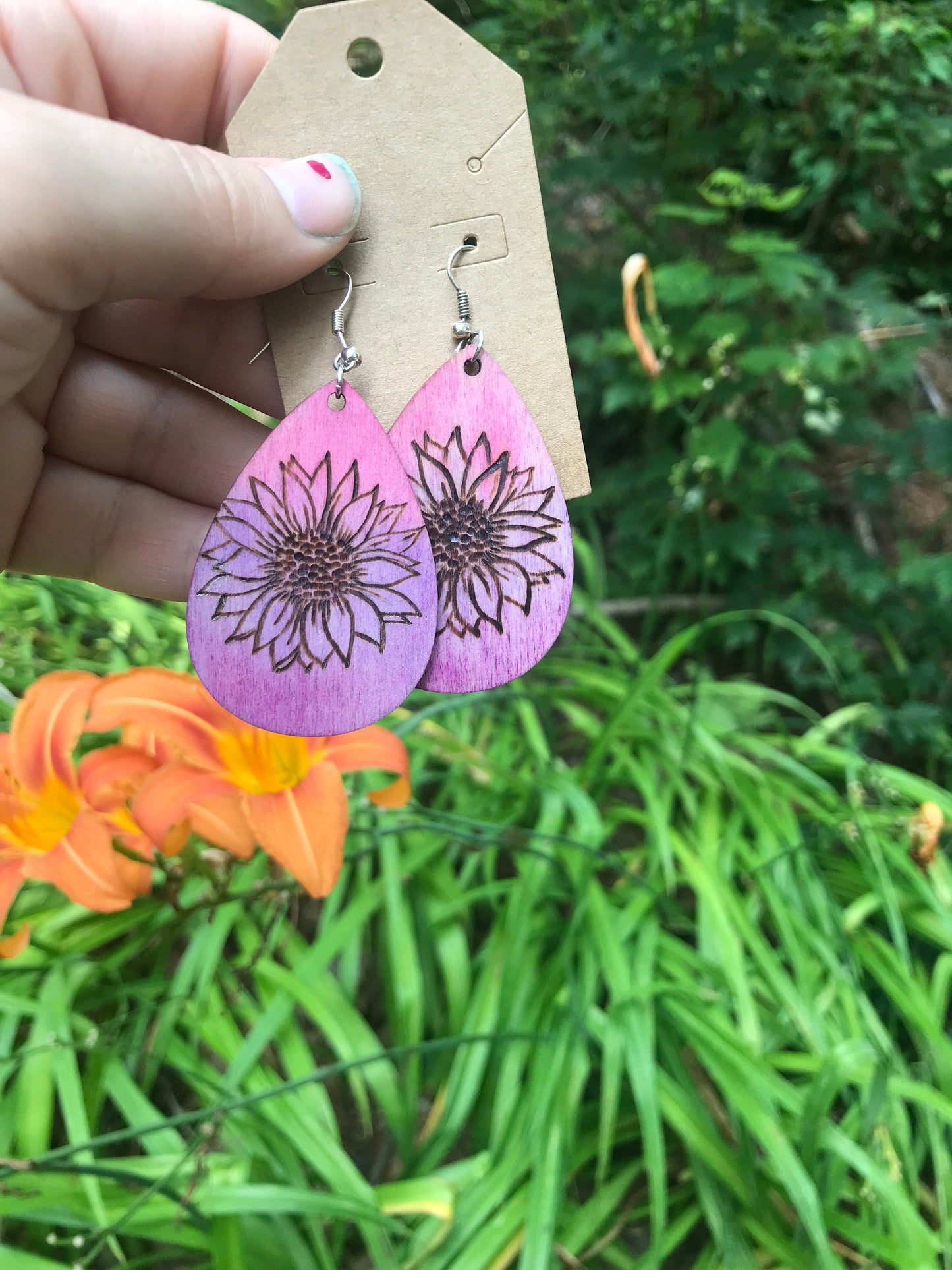 Sunflower Serenade Wood Burned Earrings for Nature Lovers Handcrafted Wooden Pyrography Earrings | Pink Dangle Earrings | Nature-inspired