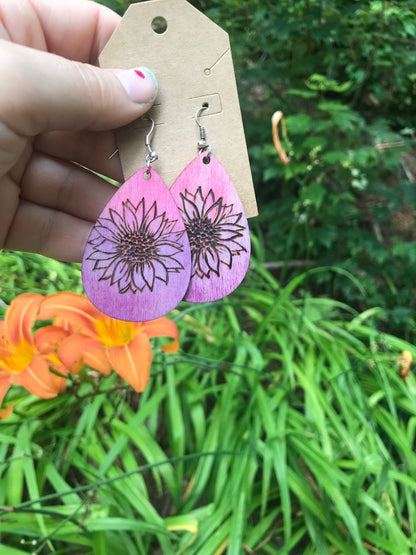Sunflower Serenade Wood Burned Earrings for Nature Lovers Handcrafted Wooden Pyrography Earrings | Pink Dangle Earrings | Nature-inspired