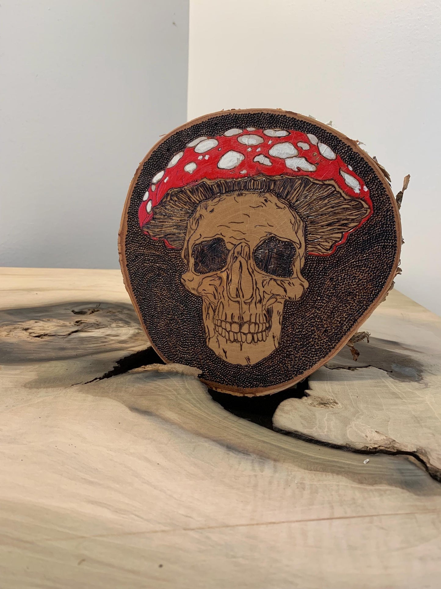 Mushroom Head - Skeleton Amanita Mushroom Woodburned Art work