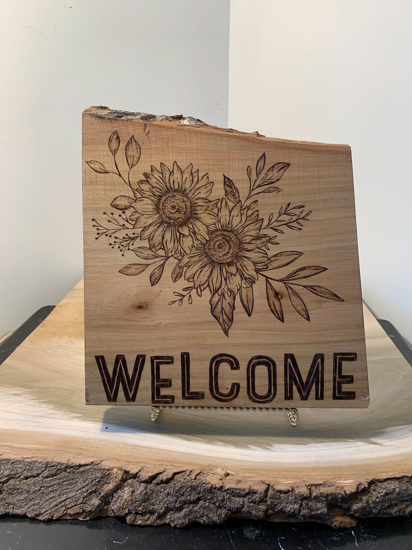 Hand-crafted Pyrography Ambrosia Maple Floral Wooden Welcome Sign