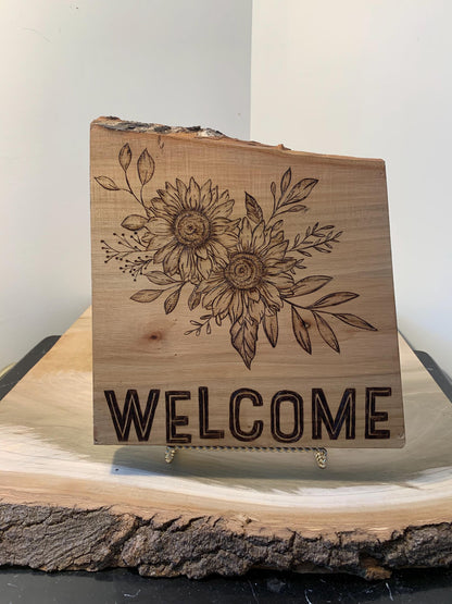 Hand-crafted Pyrography Ambrosia Maple Floral Wooden Welcome Sign