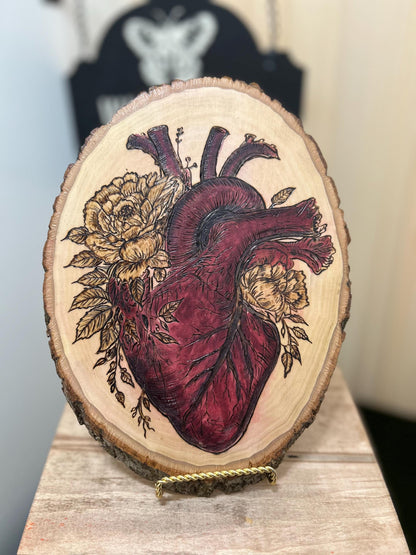 Anatomical Heart Floral Macabre Beautiful Pyrography Art Piece - Unique and curious woodburned art, Red accents, Woodburned wood slice