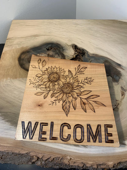 Hand-crafted Pyrography Ambrosia Maple Floral Wooden Welcome Sign