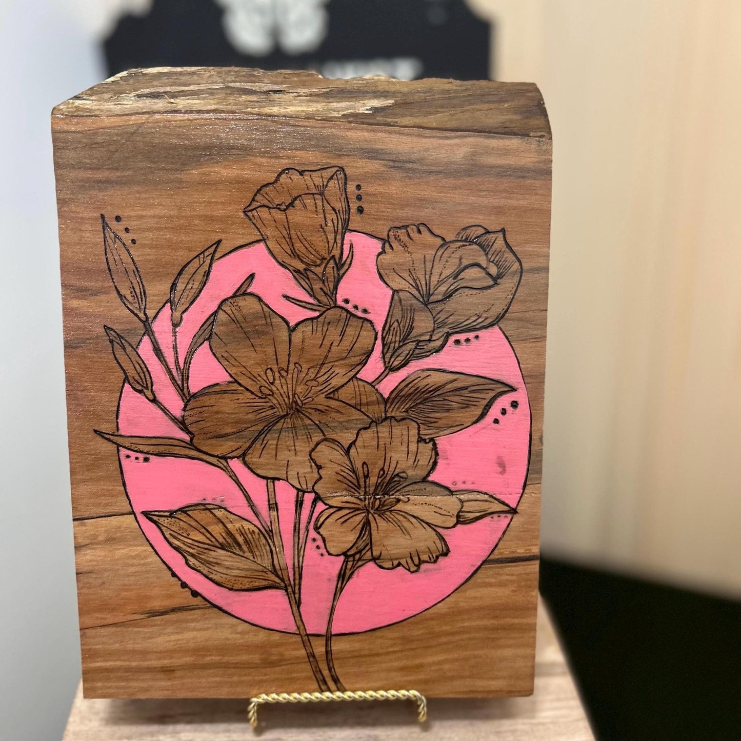 Woodburned Orchid Wall Art: Pink Accent, Spalted Maple, Live Edge